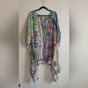 Johnny Was Kaftan Floral Bohemian Style Silk Top 🌺🌸🌼🏵️💙💚🧡💙